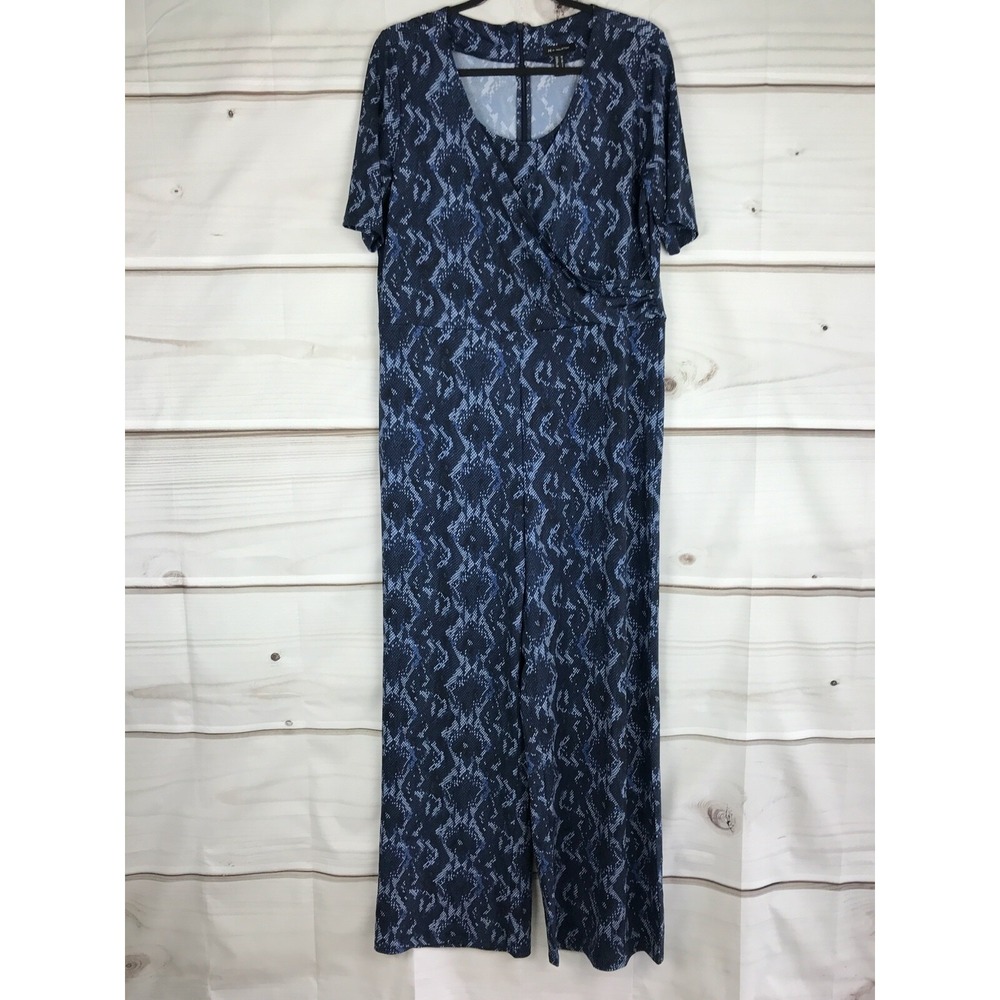 H by Halston Jumpsuit Womens M Blue Jet Set Jersey Wide Leg Snakeskin Print